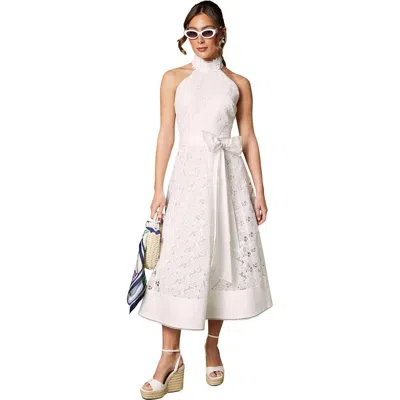 Coast Halterneck Belted Lace Midi Dress In Gold