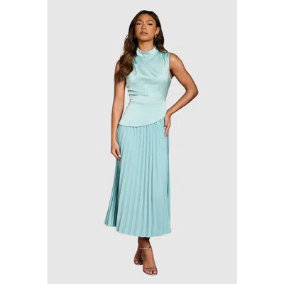 Coast High Neck Pleated Midi Dress In Blue