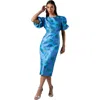 Coast Jacquard Floral Puff Sleeve Midi Dress In Blue
