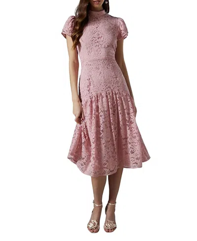 Coast Lace Frill Sleeve High Neck Midi Dress In Pink