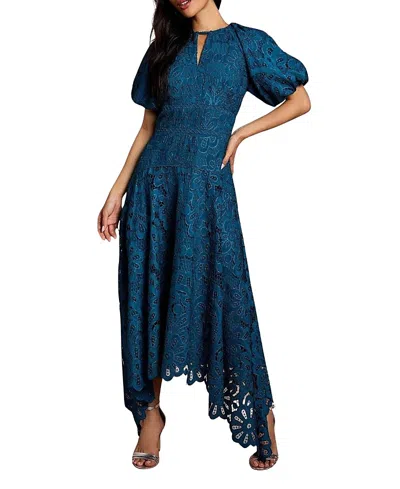 Coast Lace Hanky Hem Puff Sleeve Dress In Blue