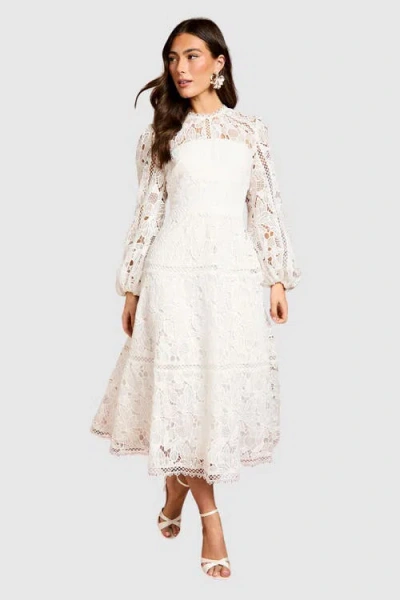Coast Lace Panel Long Sleeve Midi Dress In White