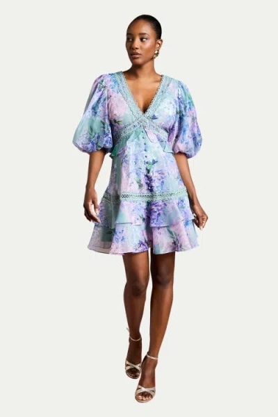 Coast Lace Trim Puff Sleeve Organza Mini Dress In Green