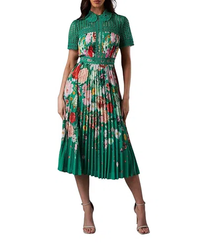 Coast Lisa Tan Lace Pleated Printed Midi Dress In Green