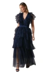 Coast Mesh V-neck Halter Tiered Maxi Dress In Blue