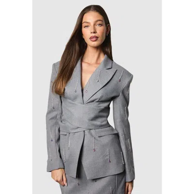 Coast Muse Check Tie Embellished Blazer In Gray