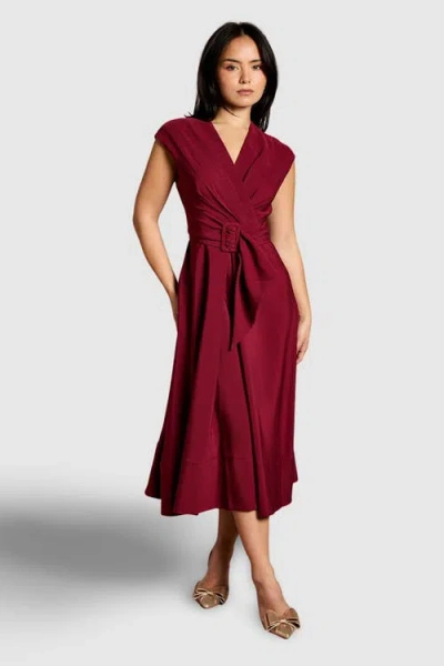 Coast Petite Belted Crepe Dress In Burgundy