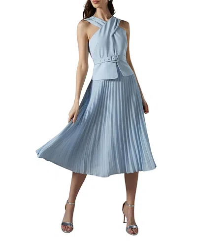Coast Petite Cross Over Pleated Midi Dress In Blue