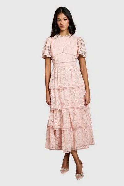 Coast Petite Flutter Sleeve Tiered Midi Dress In Pink