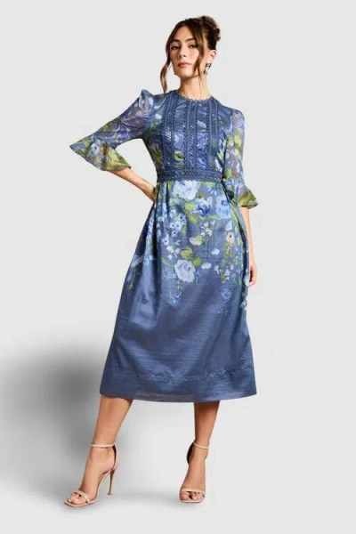 Coast Placement Print Organza Midi Dress In Blue