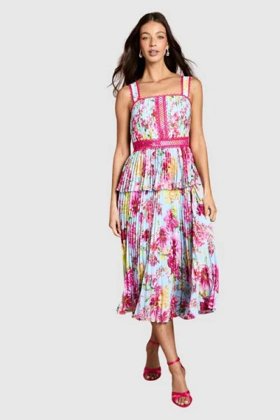 Coast Pleated Floral Square Neck Midi Dress In Blue
