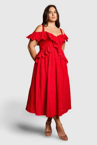 Coast Plus Broderie Midi Dress In Red