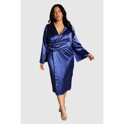 Coast Plus Satin Flared Sleeve Wrap Dress In Blue