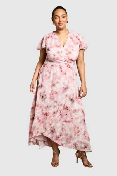 Coast Plus Satin Floral Wrap Midi Dress In Pink
