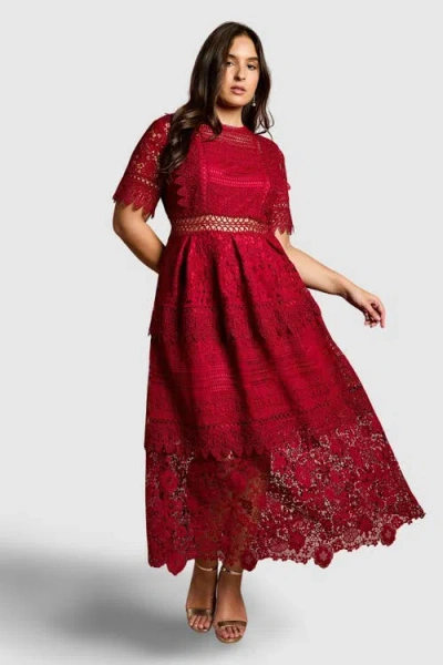 Coast Plus Short Sleeve Lace Midi Dress In Red