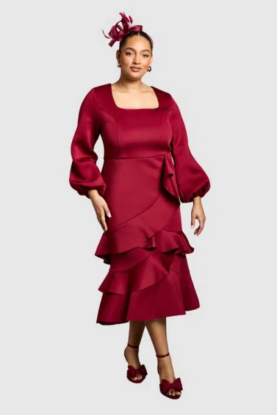 Coast Plus Square Neck Ruffle Hem Midi Dress In Burgundy