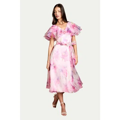 Coast Printed Organza Ruffle Sleeve Midi Dress In Pink