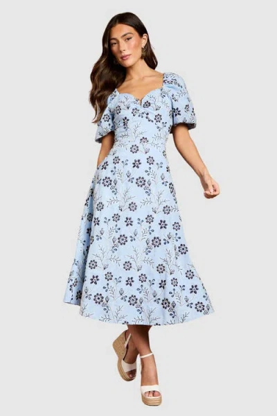 Coast Puff Sleeve Embroidered Midi Dress In Blue