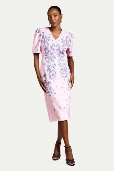Coast Puff Sleeve Floral Cotton Pencil Dress In Pink