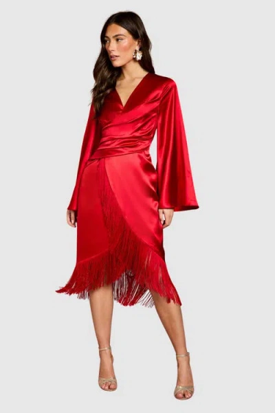 Coast Satin Fringed V-neck Wrap Dress In Red