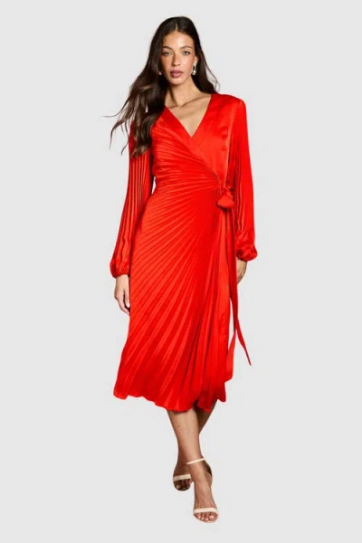 Coast Satin Long Sleeve V-neck Wrap Dress In Red