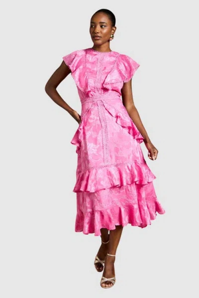 Coast Satin Ruffle Jacquard Midi Dress In Pink