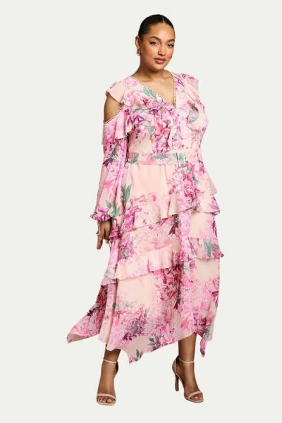 Coast Shoulder Printed Ruffle Midi Dress In Pink