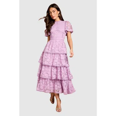 Coast Tiered Lace Flutter Sleeve Midi Dress In Pink