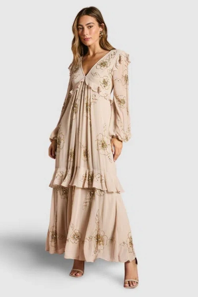 Coast V-neck Embellished Tiered Midi Dress In Brown