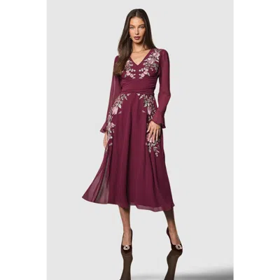 Coast Wrap Waist Embroidered Midi Dress In Burgundy