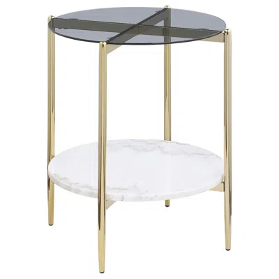 Coaster Co. Of America Jonelle Round Glass Top End Table White Marble Shelf Gold
