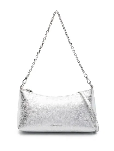 Coccinelle Pebbled Leather Shoulder Bag In Silver