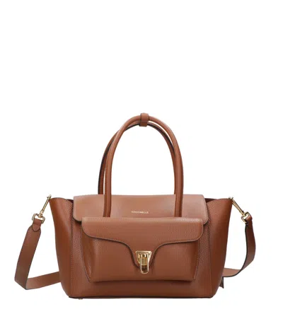 Coccinelle Structured Calfskin Shopper Bag With Gold-tone Accents In Brown