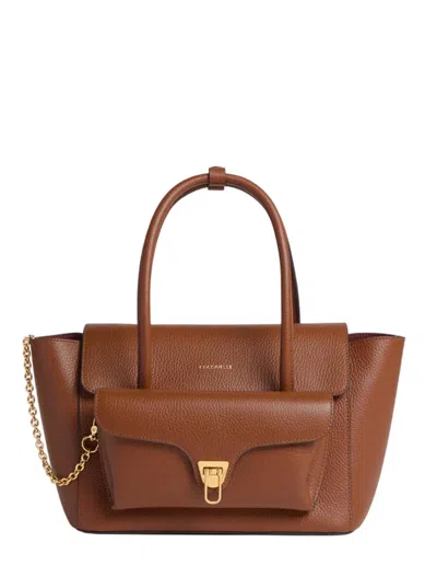 Coccinelle Structured Calfskin Shopper Bag With Gold-tone Accents In Brown
