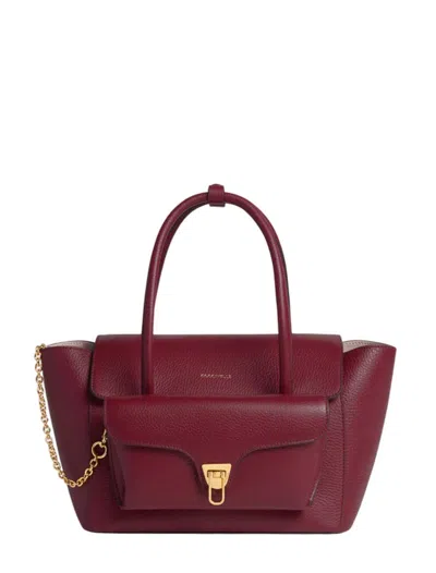 Coccinelle Double Beat Medium Leather Bag In Burgundy