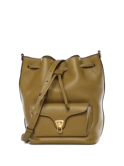 Coccinelle Beat Generation Drawstring Pocket Leather Bucket Bag In Blue