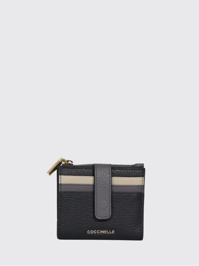 Coccinelle Bifold Wallet In Pebbled Leather With Multicolor Stripes In Black