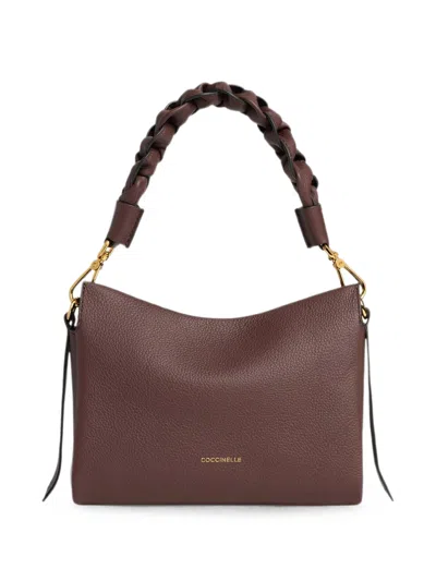 Coccinelle Braided Handle Small Leather Handbag With Top Zip Closure In Brown