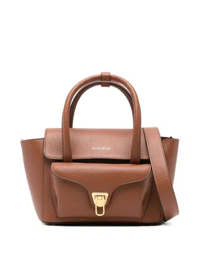 Coccinelle Textured Leather Shopper Bag With Gold-tone Clasp In Brown