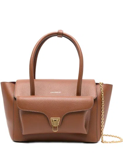 Coccinelle Structured Calfskin Shopper Bag With Gold-tone Accents In Brown