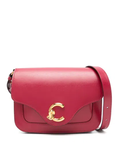 Coccinelle Red Leather Shoulder Bag With Logo Accent In Sangria