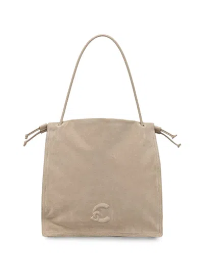 Coccinelle Calf Suede Logo-patch Tote Bag In Neutral