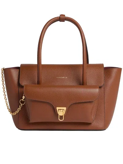 Coccinelle Structured Calfskin Shopper Bag With Gold-tone Accents In Brown