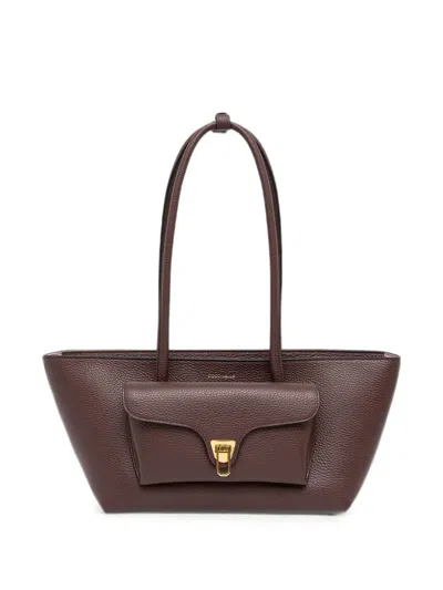 Coccinelle Double Beat Leather Front-pocket Tote Bag In Brown