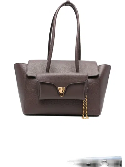 Coccinelle Double Beat Leather Tote Bag In Brown