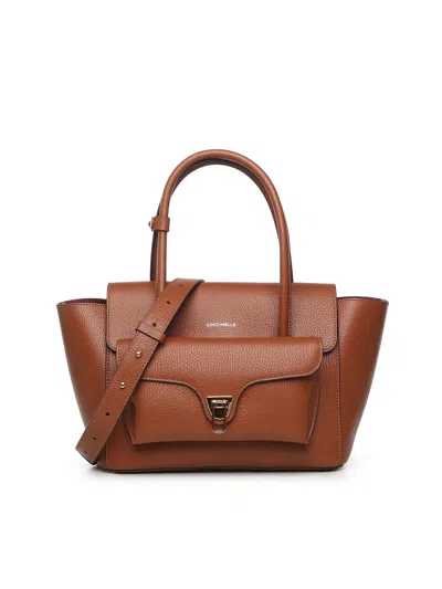 Coccinelle Structured Calfskin Shopper Bag With Gold-tone Accents In Brown