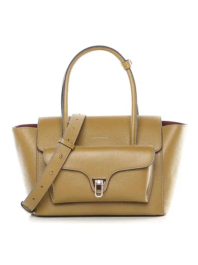 Coccinelle Double Beat Medium Leather Bag In Sand