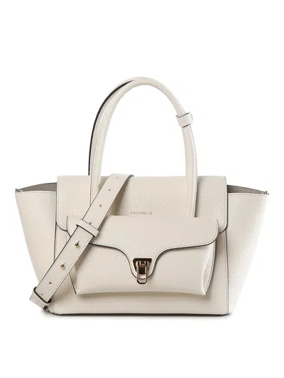 Coccinelle Double Beat Medium Leather Bag In Sand