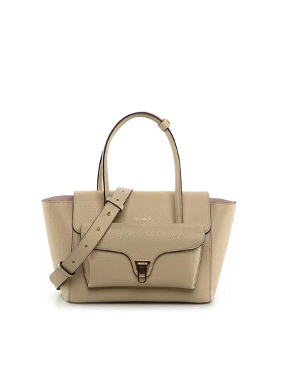 Coccinelle Double Beat Medium Leather Bag In Neutral