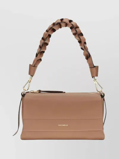 Coccinelle Double Braided Shoulder Bag With Adjustable Strap In Brown